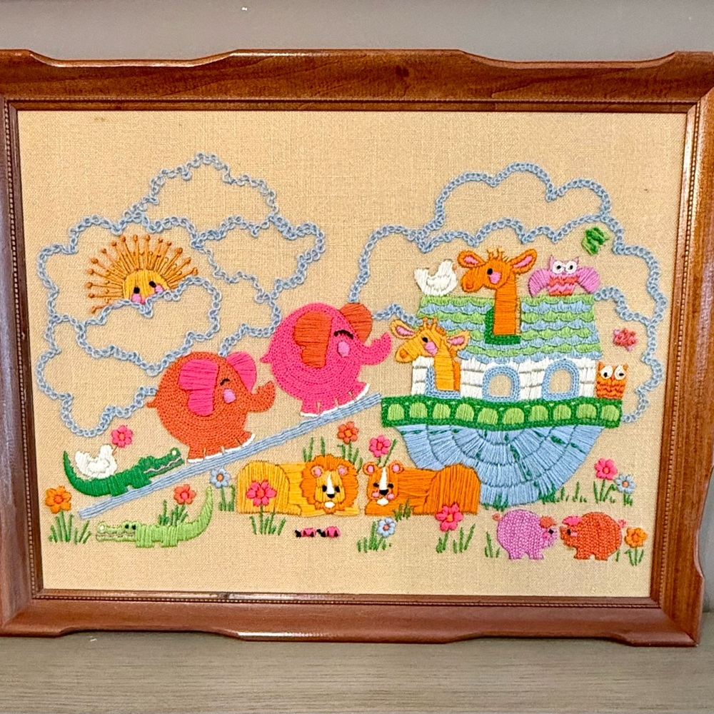 Noah’s ark vintage crewel